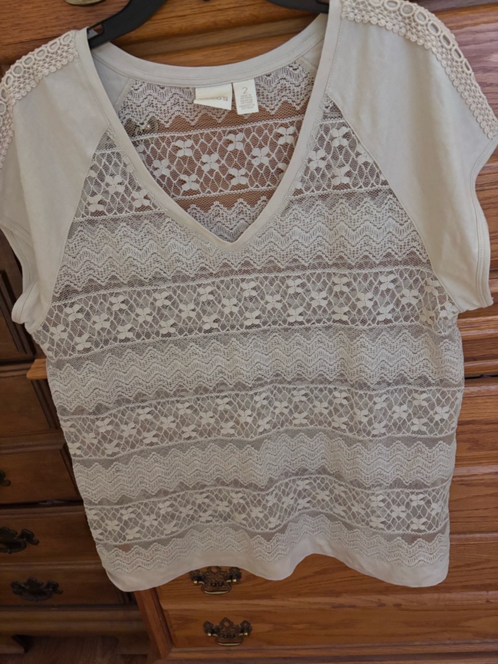 Chicos-Lace-Front V-Neck Short Sleeve Top - Cream